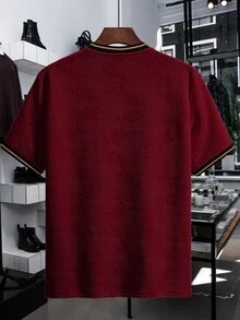 Manfinity Homme Men's Knitted Jacquard Solid Color Textured Collar And Cuffs Ribbed T-Shirt - Burgundy - View 3