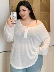 REIGN AVE Solid Color Large Scoop Neck Half-Placket Long Sleeve T-Shirt Spring/Summer - White - View 3