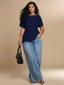 SHEIN BAE CURVE 大尺碼女款夏季優雅純色不對稱領側開衩上衣 - 藏蓝色 - 查看 1