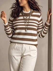 Linhara CURVE Sweater Rajut Renda Lengan Panjang Leher Bulat Bergaris Ukuran Plus Wanita Musim Gugur/Dingin - Khaki - View 6