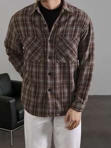 Manfinity Dauomo Men's Plaid Long Sleeve Single-Breasted Double Pocket Shirt - Brown - View 6