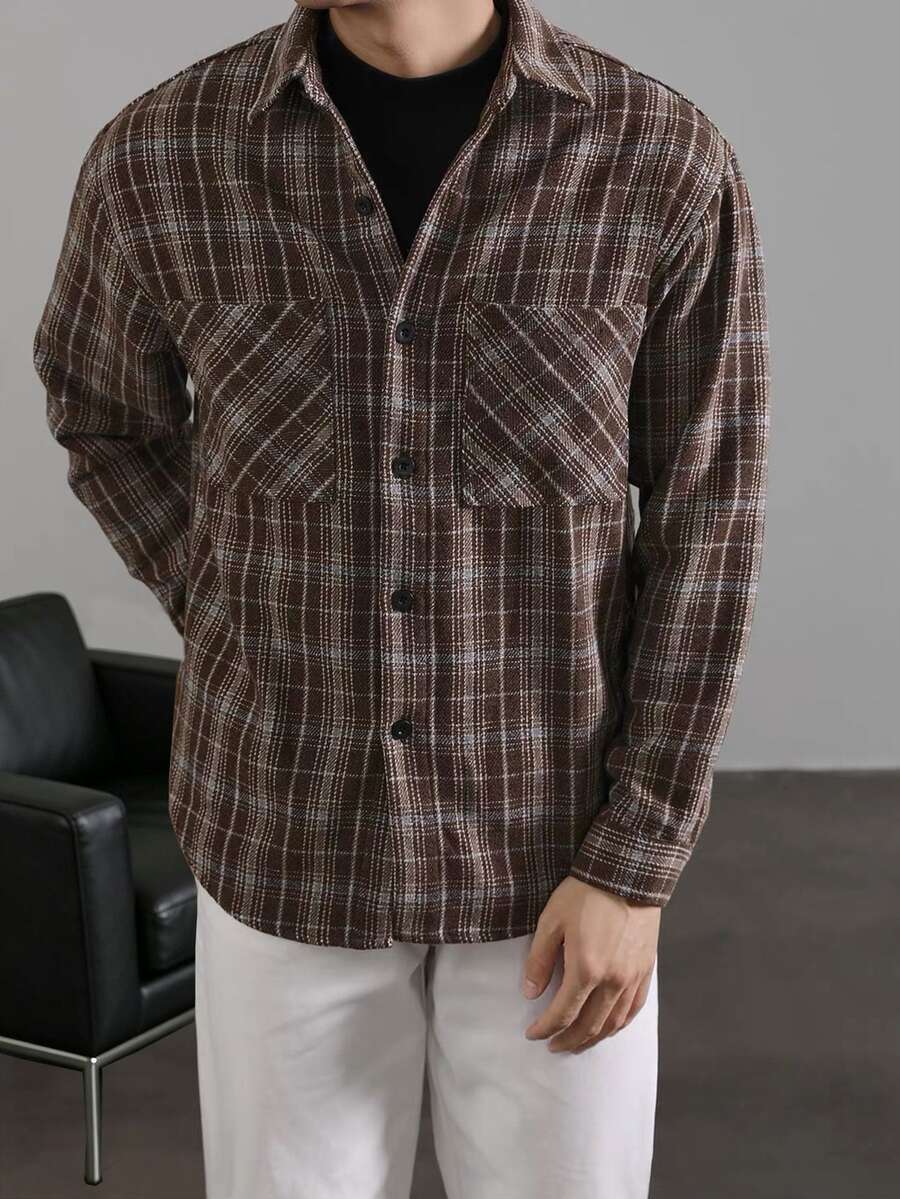 Manfinity Dauomo Men's Plaid Long Sleeve Single-Breasted Double Pocket Shirt - Brown - View 1