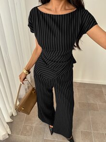 SHEIN PETITE Women's Striped Round Neck Asymmetric Hem Shirt And Wide Leg Pants Set - Black - View 5