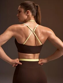 Powerista Women's Brown Sports Bra & Tight 9/10 Leggings Workout Set - Brown - View 2