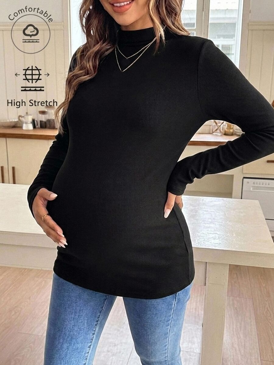 Dazy Maternity Solid Color Slim Fit Elastic Long Sleeve Casual Home Daily Vacation Spring Autumn Top Maternity High Neck Long Sleeve T-Shirt - Black - View 1