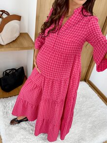 SHEIN Maternity Plaid V-Neck Notch Collar Flare Sleeve Ruffle Hem Casual Dress - Pink - View 5
