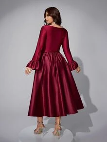 Viva Relle Plus Size Women's Elegant Satin High-Cinched Waist Chain Decor Solid Color Dress - Burgundy - View 4