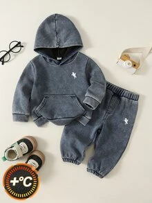 SHEIN 2件組男嬰秋冬休閒丹寧連帽衛衣與丹寧長褲套裝，嬰兒服飾套裝 - 彩色 - 查看 1