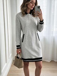 Louniche Women's Mini Long Sleeve Polo Collar Straight Dress - Grey - View 4