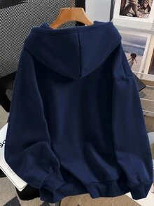 SHEIN 青少年女孩蝴蝶結印花長袖口袋連帽衛衣 - 藏蓝色 - 查看 2