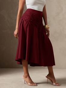 Vixey Lightweight Woven Gathered High Waist Midi Skirt - Burgundy - View 4