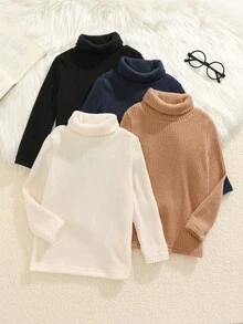 SHEIN 4件裝男孩針織高領素色T恤，休閒舒適秋季與冬季衣櫥單品 - 彩色 - 查看 5