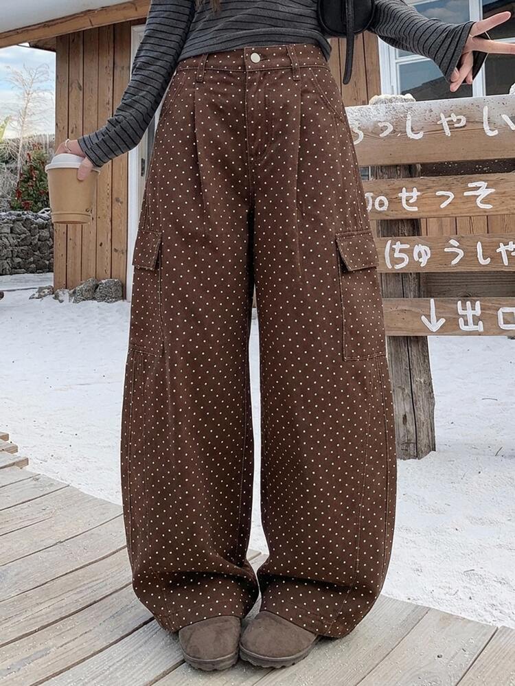 DAZY Women's Casual Loose Polka Dot Pattern Cargo Wide Leg Curved Hem Denim Jeans - Brown - View 3