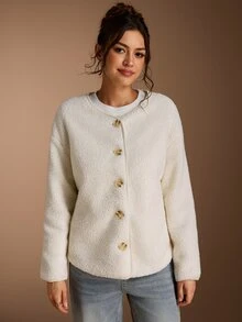 SHEIN BASICS Women's Solid Color Long Sleeve Single-Breasted Casual Regular Fit Jacket Travel Everyday Off-White Autumn Office Everyday Going Out - Apricot - View 7