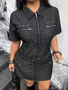 Jeanoix Plus Size Summer Casual Front Zipper Belted Denim Dress - Black - View 6