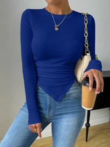 SHEIN 女款百搭不對稱下擺長袖T恤 - 藍色 - 查看 3