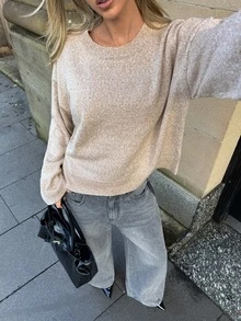 Aloruh 女款秋冬休閒圓領修身針織套頭毛衣，學院風混色長袖保暖內搭層 - 卡其色 - 查看 2