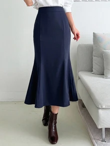 DAZY 女款純色高腰優雅魚尾裙 - 藏蓝色 - 查看 6