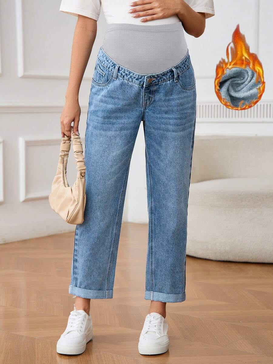 SHEIN 孕婦可調腰圍直筒休閒百搭牛仔褲 - 中等水洗藍 - 查看 1