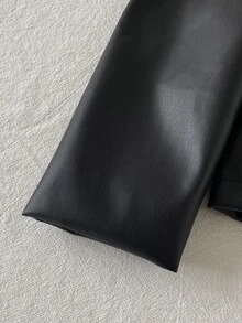 SHEIN Sparklyn 少女純色PU皮革拉鍊時尚百搭夾克外套 - 黑色 - 查看 5