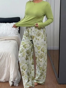 Dazy Plus 2pcs Solid Color Slim Fit Long Sleeve Top & Patterned Long Pants Loungewear Pajama Set, Spring Summer Autumn - Mint Green - View 6