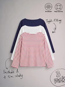 SHEIN EZwear 3件裝厚款船領T恤，海軍藍/白色/條紋，秋季上衣，適合日常通勤、派對、秋冬春夏、聖誕節、新年、感恩節、婚禮、海灘、畢業典禮、優雅、外出、約會、通勤、情人節、度假、Y2K、畢業典禮等場合 - 彩色 - 查看 11