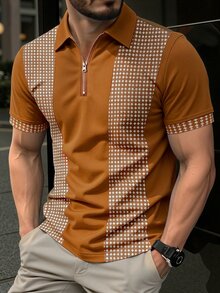 Calvornis 男士幾何印花休閒日常短袖 Polo 衫 - 棕色 - 查看 1