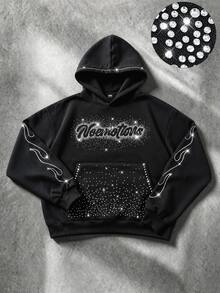 ROMWE MEN Street Life Men's Letter Rhinestone Hoodie Sweatshirt - Black - View 1
