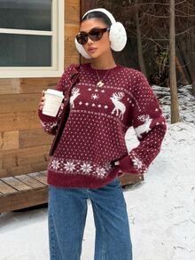 Muchica A Retro-Style Red Women's Knit Pullover Featuring A Polka-Dot Pattern; Also Suitable For Wearing On Halloween.Festival Outfits For Women - Burgundy - View 7
