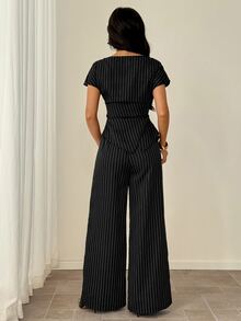 SHEIN PETITE Women's Striped Round Neck Asymmetric Hem Shirt And Wide Leg Pants Set - Black - View 2
