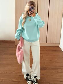 SHEIN EZwear 女款純色極簡百搭長袖運動衫 - 綠色 - 查看 5