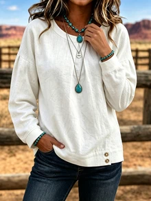 Selamara American Western Style Cream Pleated Long Sleeve Top, Lazy Vacation Casual Blouse - White - View 3