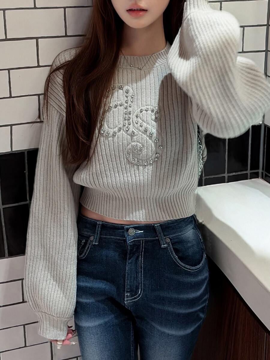 FRIFUL Women's Casual 2000s Rhinestone Decorated Sweater, Autumn/Winter Date School Light Grey Autumn Winter Long Sleeve Tops - Grey - View 1