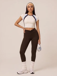 SHEIN BAE Women's Colorblock Raglan Short Sleeve T-Shirt And Leggings Sports Set - Multicolor - View 7