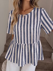 SHEIN LUNE 女款條紋百褶休閒百搭日常穿著襯衫 - 彩色 - 查看 5