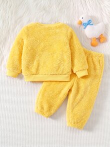 SHEIN 女嬰可愛卡通圖案蝴蝶結黃色毛茸茸居家服套裝 - 黃色 - 查看 2