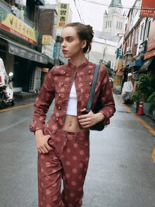 Nöista Pink Polka Dot Cropped Military Jacket. Fall Winter, Retro, Cute, Casual, Statement Piece. - Red - View 3