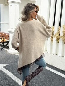 Serisse Women's Casual Lace Trim Asymmetric Hem Sweater, Autumn/Winter Fall Boho Chic Dark Academia Oversized Dark Brown Brunch - Apricot - View 3
