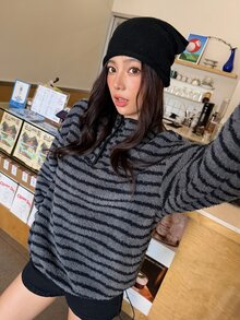 K-Vae Women's Striped Stand Collar Half-Zip Loose Fleece Casual Pullover Sweatshirt - Multicolor - View 7