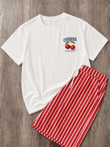 Manfinity Joysei Set Kaos dan Celana Pendek Bergaris Motif Cherry Vintage untuk Pria - Merah - View 2