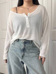 REIGN AVE Solid Color Large Scoop Neck Half-Placket Long Sleeve T-Shirt Spring/Summer - White - View 1