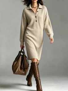 SHEIN Women's Half-Open Collar Sweater Dress, Loose Fit, Dropped Shoulder, Long Sleeve, Half-Button Front, Pockets, Mid-Length, Casual Slimming, Autumn/Winter Commute - Khaki - View 5