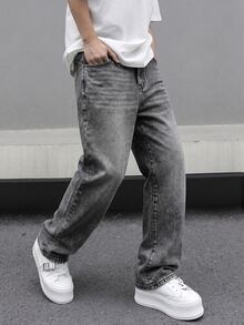 Manfinity EMRG Celana Jeans Denim Abu-abu Gelap Gaya Jalanan Kasual Pria - Dark Grey - View 8