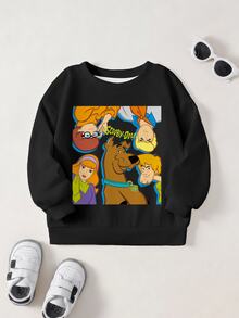 SCOOBY-DOO X SHEIN بلوزة رياضية كاجوال يومية بأكمام طويلة مطبوعة برسومات كرتونية للأولاد الصغار - أبيض - مشاهدة 1