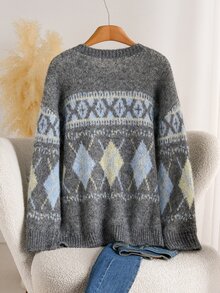 CosyJoli Vintage Grey Fair Isle Argyle Jacquard Crew Neck Loose Fit Sweater Cardigan, Autumn/Winter - Grey - View 2