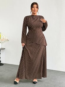 Firerie 棕色波點兩件式套裝（大尺碼）：簡約優雅時尚長袖襯衫與喇叭裙，女性優雅辦公商務工作套裝 - 棕色 - 查看 5