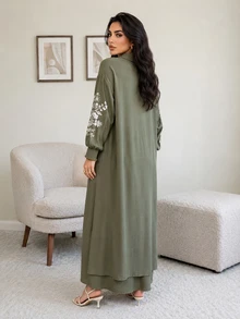 Solavon Plus Size Women's Floral Print Single-Breasted Shirt And Skirt Casual 2 Pieces Set - Olive Green - View 2