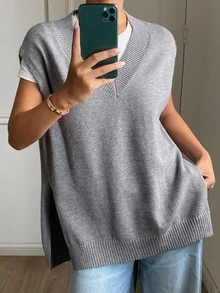 Livesso Women's Solid Color V-Neck Casual Versatile Knit Vest Fall - Grey - View 1