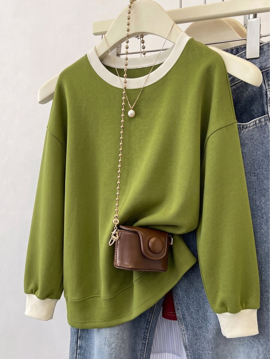 INAWLY Women's Fashion Versatile Colorblock Long Sleeve Sweatshirt For Daily Wear - Army Green - View 1