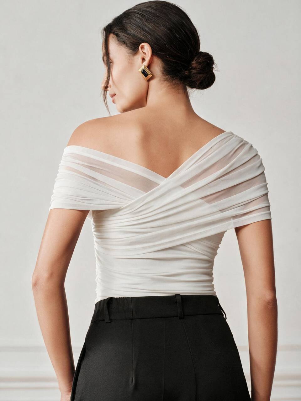 Anewsta Essential Spring/Summer New Elegant Fashion Casual Sexy Date Party Outing Vacation Wedding Holiday Elastic Mesh Ruched Cold Shoulder Women's Bodysuit